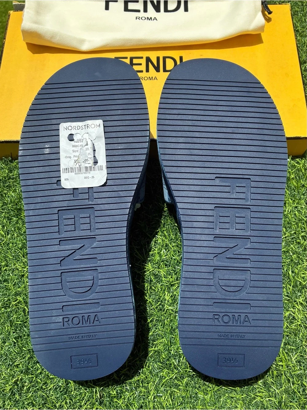 FENDI SUNSHINE BLUE DENIM PLATFORM SLIDE SANDALS EMBROIDERED LOGO SZ 39.5 NEW